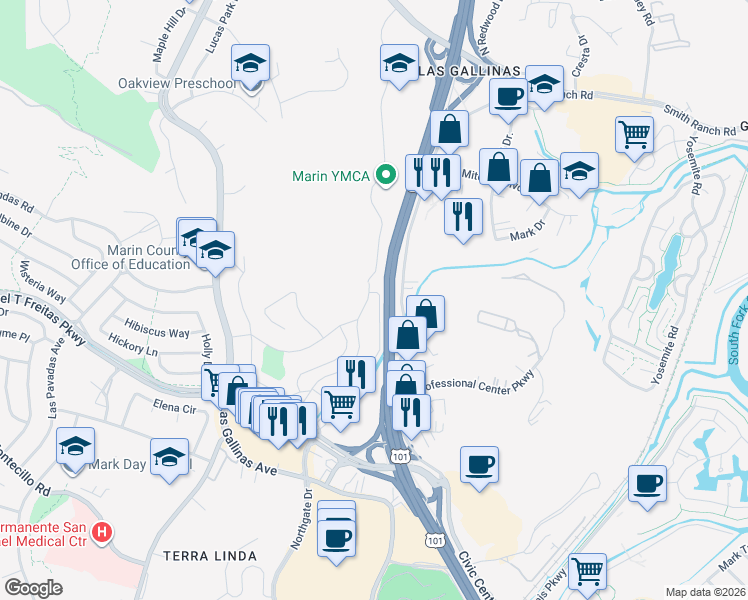 map of restaurants, bars, coffee shops, grocery stores, and more near 1076 Los Gamos Drive in San Rafael
