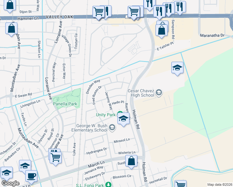 map of restaurants, bars, coffee shops, grocery stores, and more near 2775 Keyser Drive in Stockton