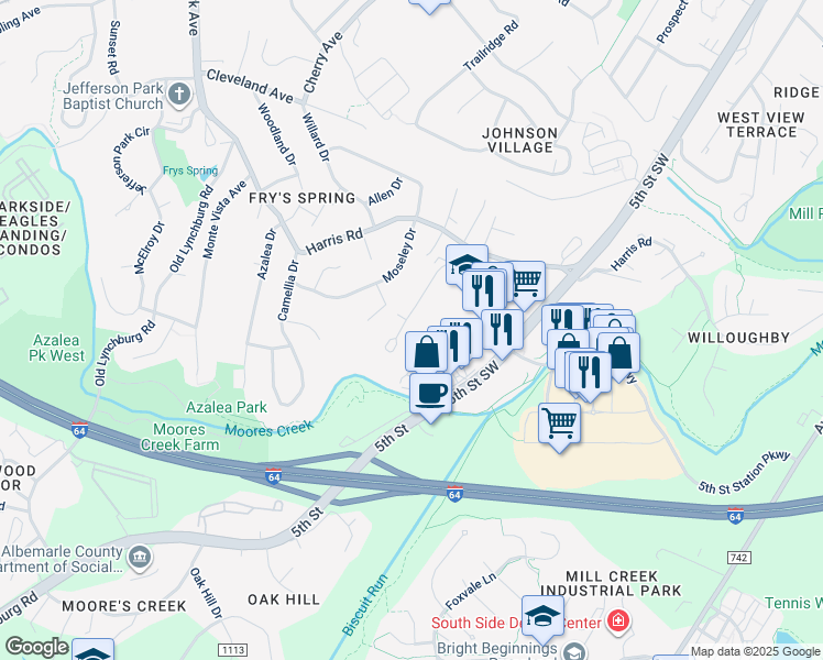 map of restaurants, bars, coffee shops, grocery stores, and more near 126 Longwood Drive in Charlottesville