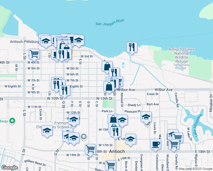 map of restaurants, bars, coffee shops, grocery stores, and more near 715 B Street in Antioch
