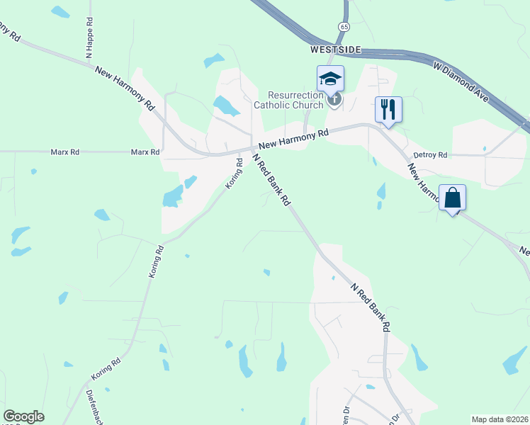 map of restaurants, bars, coffee shops, grocery stores, and more near 3622 North Red Bank Road in Evansville