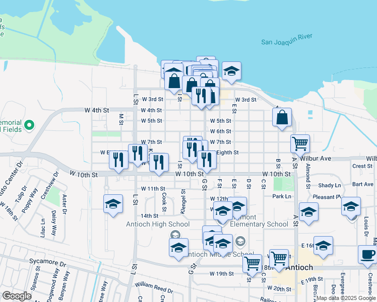 map of restaurants, bars, coffee shops, grocery stores, and more near 714 H Street in Antioch