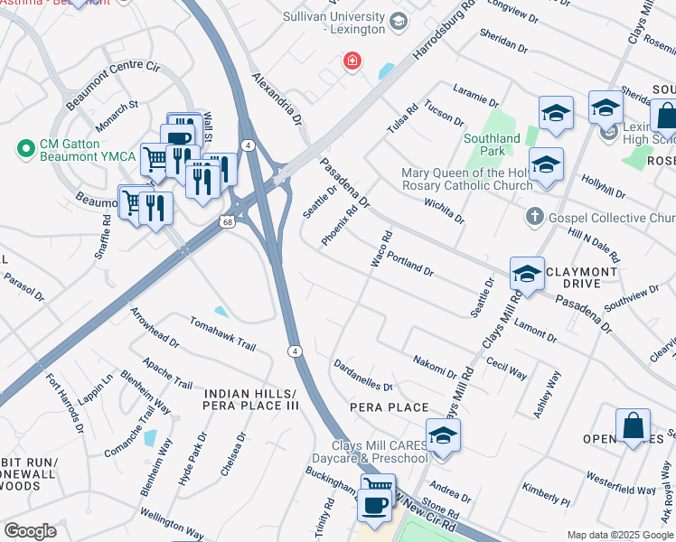 map of restaurants, bars, coffee shops, grocery stores, and more near 710 Seattle Drive in Lexington