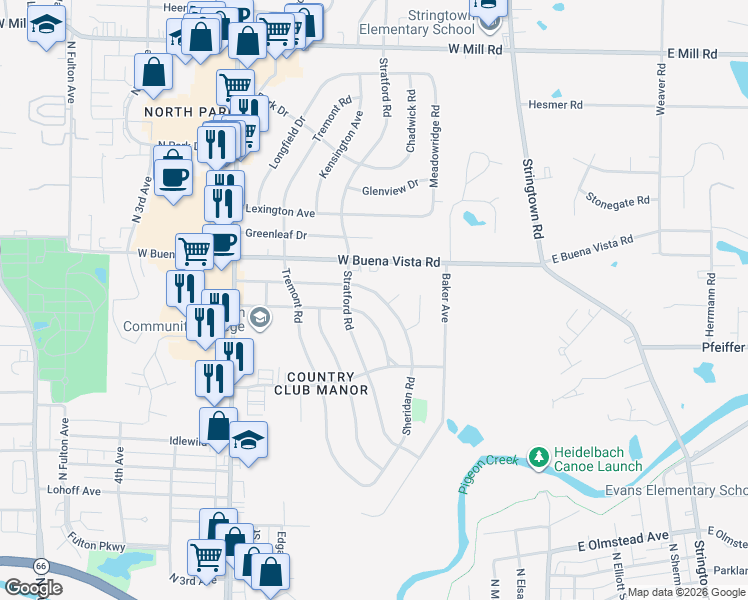 map of restaurants, bars, coffee shops, grocery stores, and more near 432 Sheridan Rd in Evansville