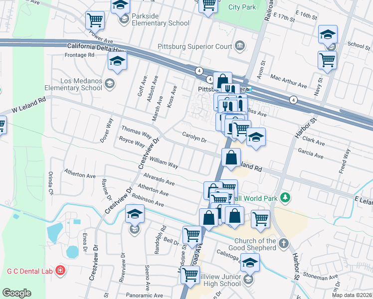 map of restaurants, bars, coffee shops, grocery stores, and more near 102 West Leland Road in Pittsburg