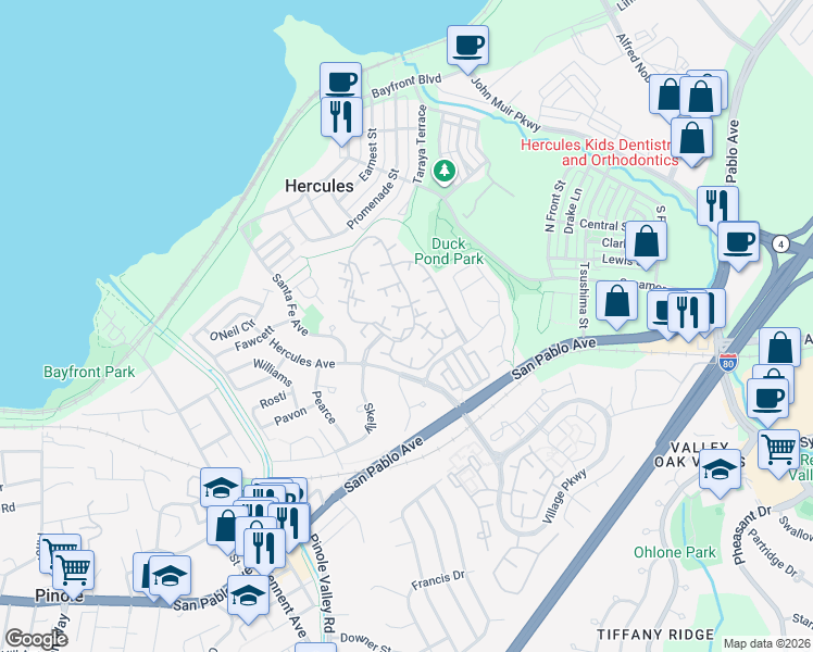 map of restaurants, bars, coffee shops, grocery stores, and more near 228 Apollo in Hercules