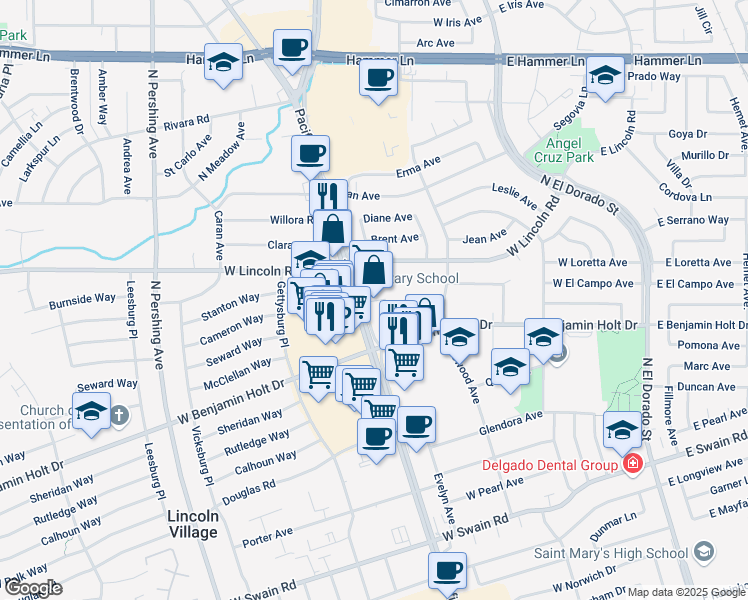 map of restaurants, bars, coffee shops, grocery stores, and more near 6836 Pacific Avenue in Stockton