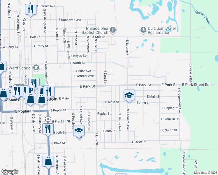 map of restaurants, bars, coffee shops, grocery stores, and more near 106 North East Street in Du Quoin