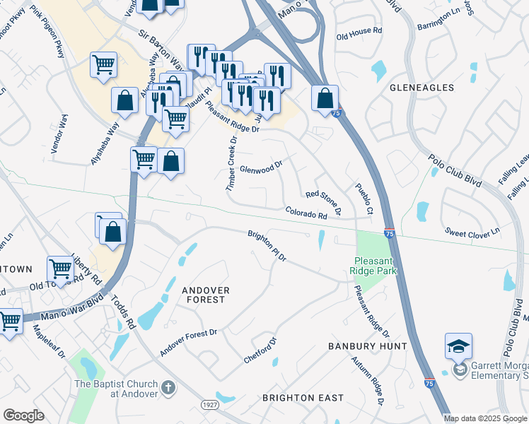 map of restaurants, bars, coffee shops, grocery stores, and more near 1775 Timber Creek Drive in Lexington