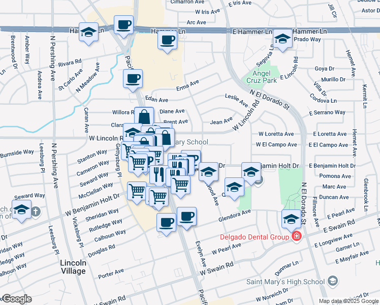 map of restaurants, bars, coffee shops, grocery stores, and more near 7007 Inglewood Avenue in Stockton
