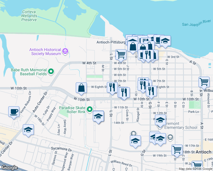 map of restaurants, bars, coffee shops, grocery stores, and more near 1205 West 7th Street in Antioch