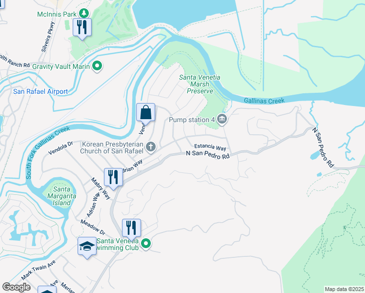 map of restaurants, bars, coffee shops, grocery stores, and more near 10 Labrea Way in San Rafael