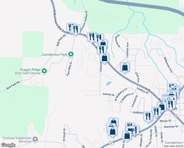 map of restaurants, bars, coffee shops, grocery stores, and more near MIA Drive in Camdenton
