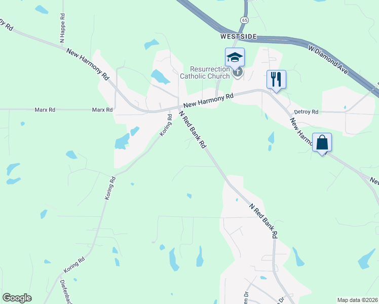 map of restaurants, bars, coffee shops, grocery stores, and more near 3622 North Red Bank Road in Evansville