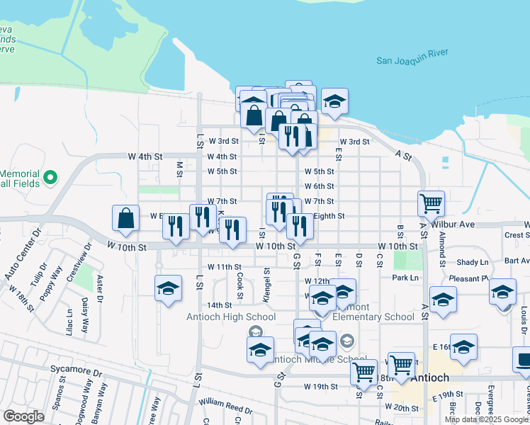 map of restaurants, bars, coffee shops, grocery stores, and more near 714 West Eighth Street in Antioch