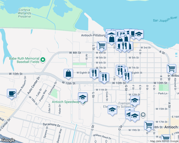 map of restaurants, bars, coffee shops, grocery stores, and more near 1205 West 7th Street in Antioch
