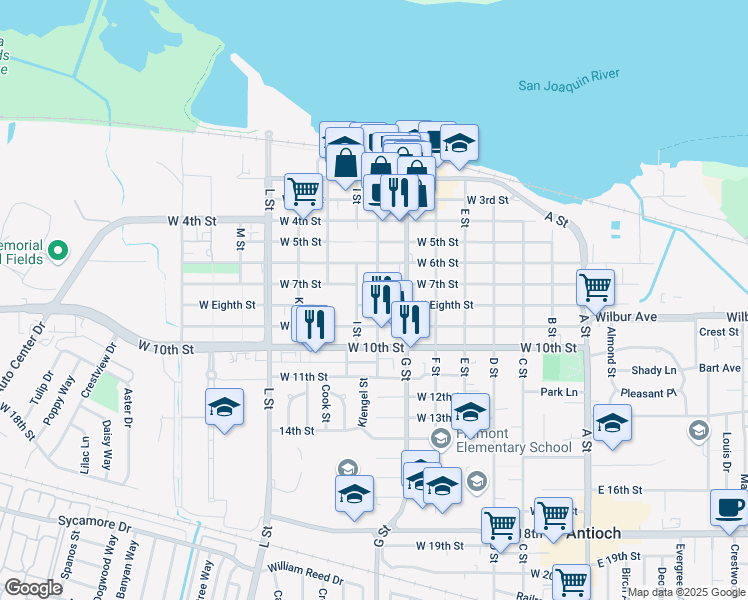 map of restaurants, bars, coffee shops, grocery stores, and more near 712 H Street in Antioch