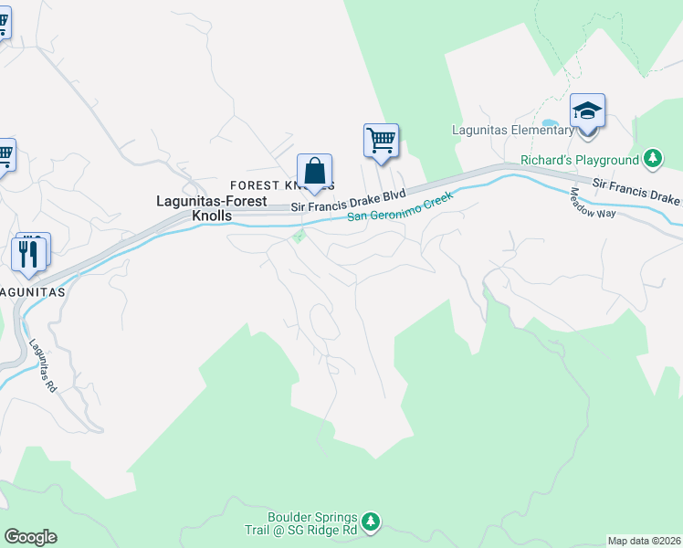 map of restaurants, bars, coffee shops, grocery stores, and more near 6 Forest Drive in Lagunitas-Forest Knolls