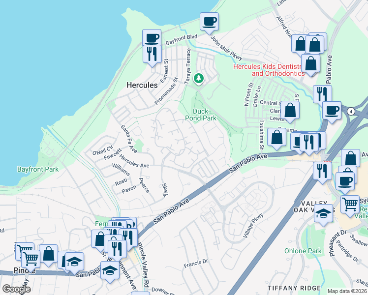 map of restaurants, bars, coffee shops, grocery stores, and more near 228 Apollo in Hercules