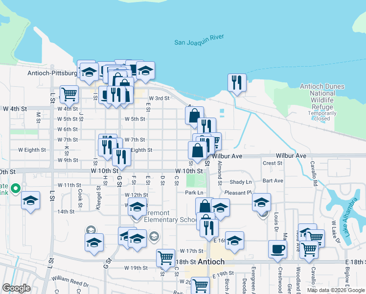 map of restaurants, bars, coffee shops, grocery stores, and more near 114 West Eighth Street in Antioch