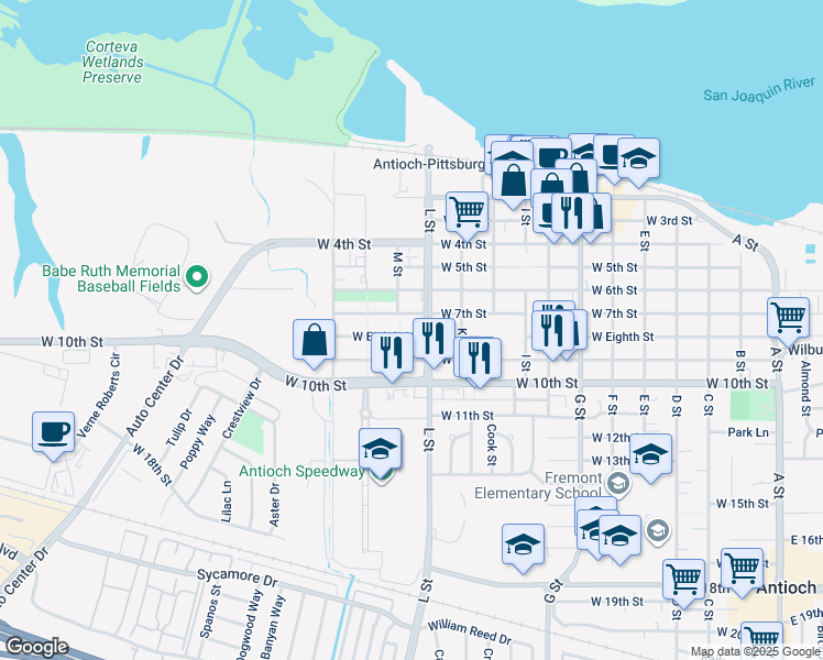 map of restaurants, bars, coffee shops, grocery stores, and more near 1112 West Eighth Street in Antioch