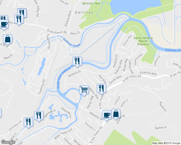 map of restaurants, bars, coffee shops, grocery stores, and more near 312 Vendola Drive in San Rafael