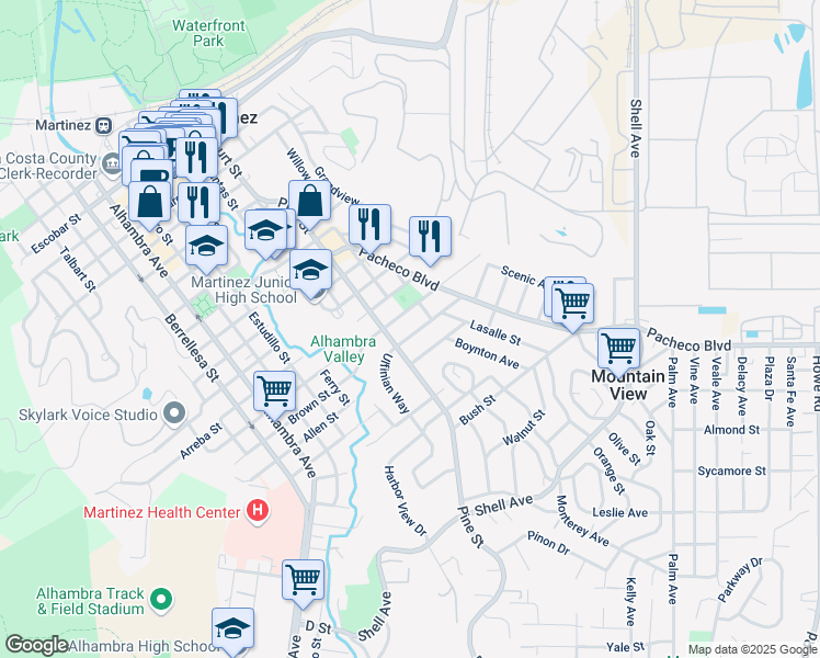 map of restaurants, bars, coffee shops, grocery stores, and more near in Martinez