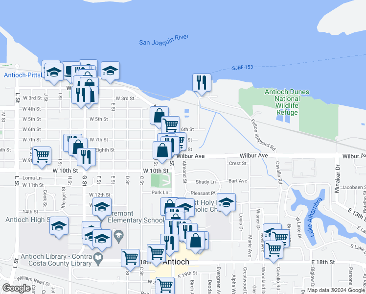 map of restaurants, bars, coffee shops, grocery stores, and more near 23 East 8th Street in Antioch