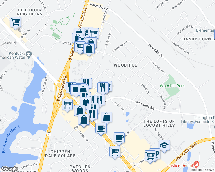 map of restaurants, bars, coffee shops, grocery stores, and more near 2677 Chant Court in Lexington