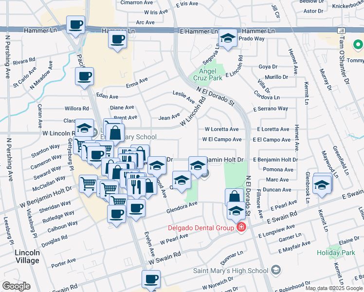 map of restaurants, bars, coffee shops, grocery stores, and more near 6605 Alturas Avenue in Stockton
