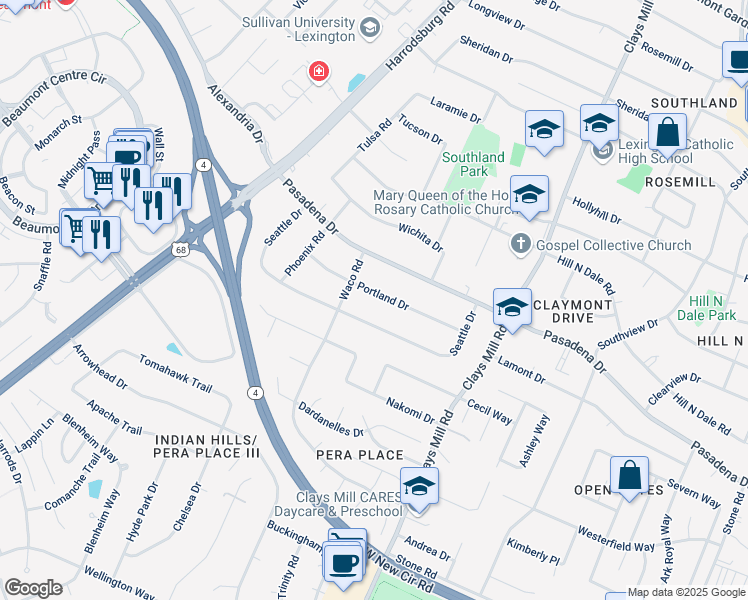 map of restaurants, bars, coffee shops, grocery stores, and more near 630 Portland Drive in Lexington