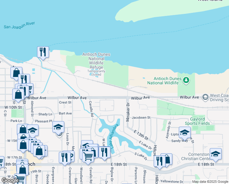 map of restaurants, bars, coffee shops, grocery stores, and more near 801 Wilbur Avenue in Antioch