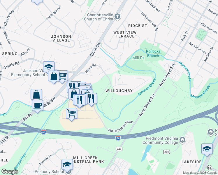map of restaurants, bars, coffee shops, grocery stores, and more near 112 Quince Lane in Charlottesville