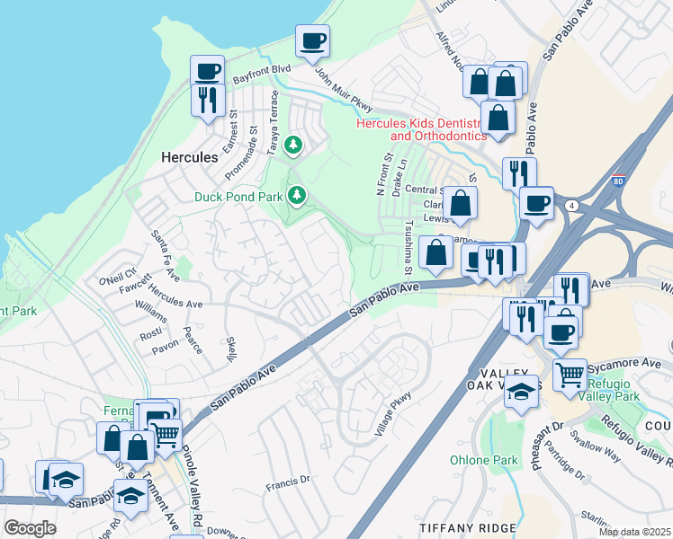 map of restaurants, bars, coffee shops, grocery stores, and more near 336 Titan Way in Hercules