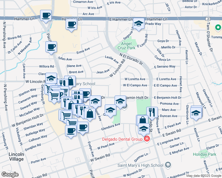 map of restaurants, bars, coffee shops, grocery stores, and more near 6605 Alturas Avenue in Stockton