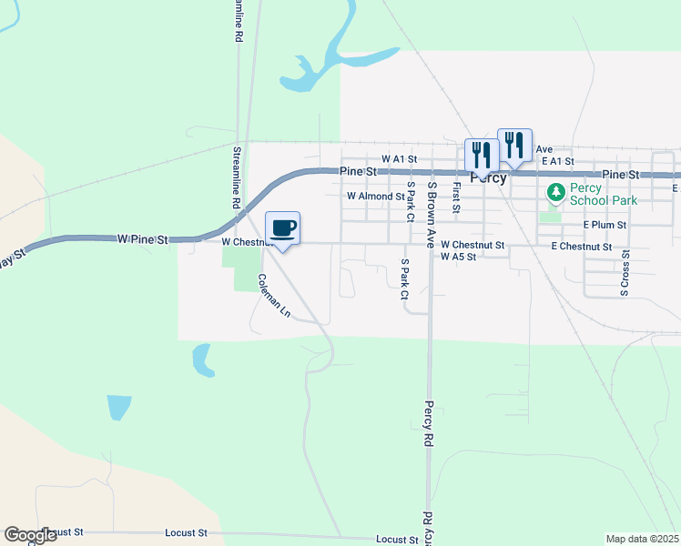 map of restaurants, bars, coffee shops, grocery stores, and more near 12A West Peg Street in Percy