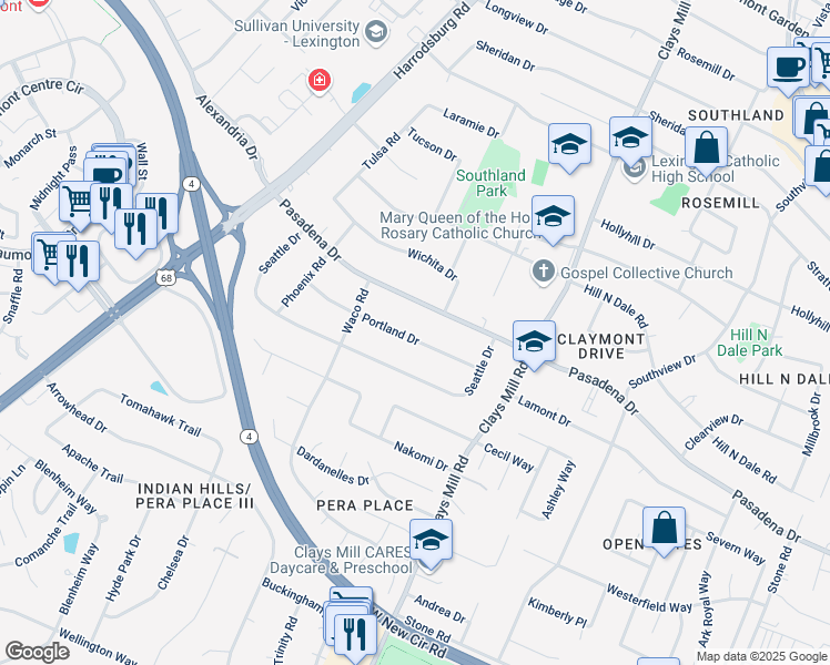map of restaurants, bars, coffee shops, grocery stores, and more near 621 Portland Drive in Lexington