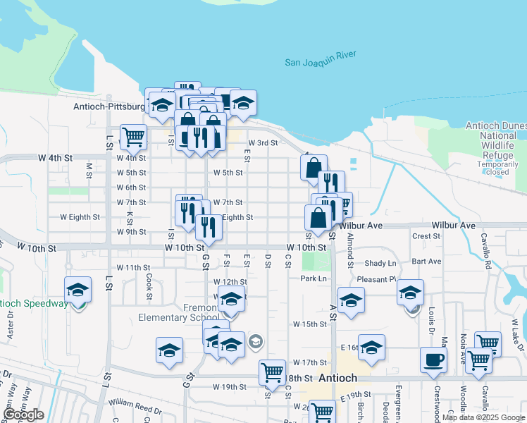 map of restaurants, bars, coffee shops, grocery stores, and more near 710 D Street in Antioch