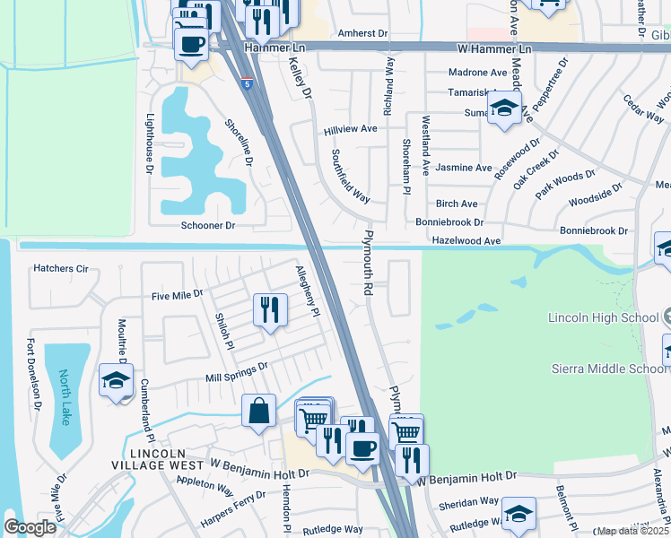 map of restaurants, bars, coffee shops, grocery stores, and more near 2978 Plymouth Court in Stockton