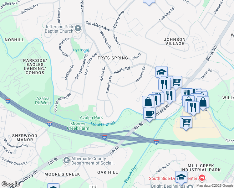 map of restaurants, bars, coffee shops, grocery stores, and more near 109 Shasta Court in Charlottesville