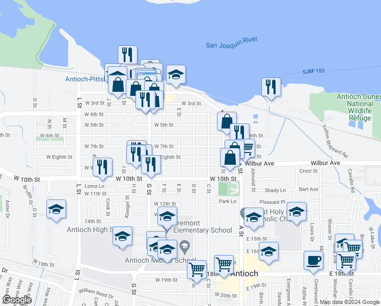 map of restaurants, bars, coffee shops, grocery stores, and more near 710 D Street in Antioch