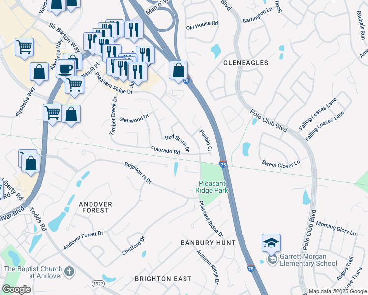 map of restaurants, bars, coffee shops, grocery stores, and more near 1161 Red Stone Drive in Lexington