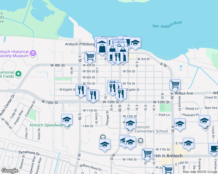 map of restaurants, bars, coffee shops, grocery stores, and more near 708 H Street in Antioch