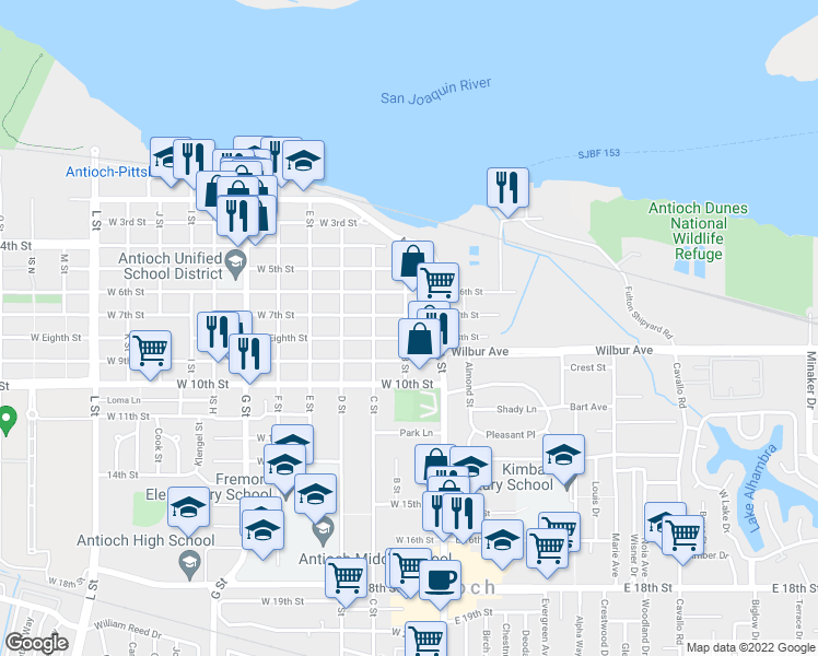 map of restaurants, bars, coffee shops, grocery stores, and more near 709 B Street in Antioch