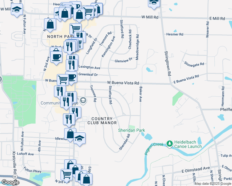 map of restaurants, bars, coffee shops, grocery stores, and more near 432 Sheridan Road in Evansville
