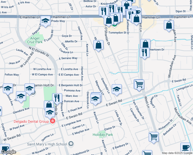 map of restaurants, bars, coffee shops, grocery stores, and more near 6506 Maywood Lane in Stockton
