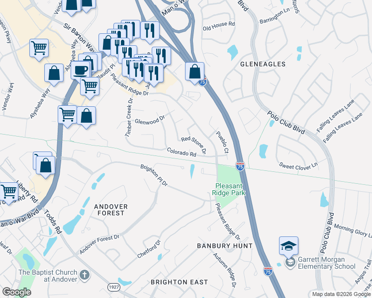 map of restaurants, bars, coffee shops, grocery stores, and more near 1105 Canyon Court in Lexington