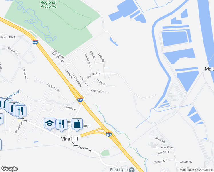 map of restaurants, bars, coffee shops, grocery stores, and more near Palms Drive in Martinez