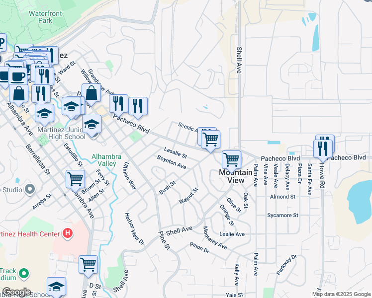 map of restaurants, bars, coffee shops, grocery stores, and more near 2110 Pacheco Blvd in Martinez