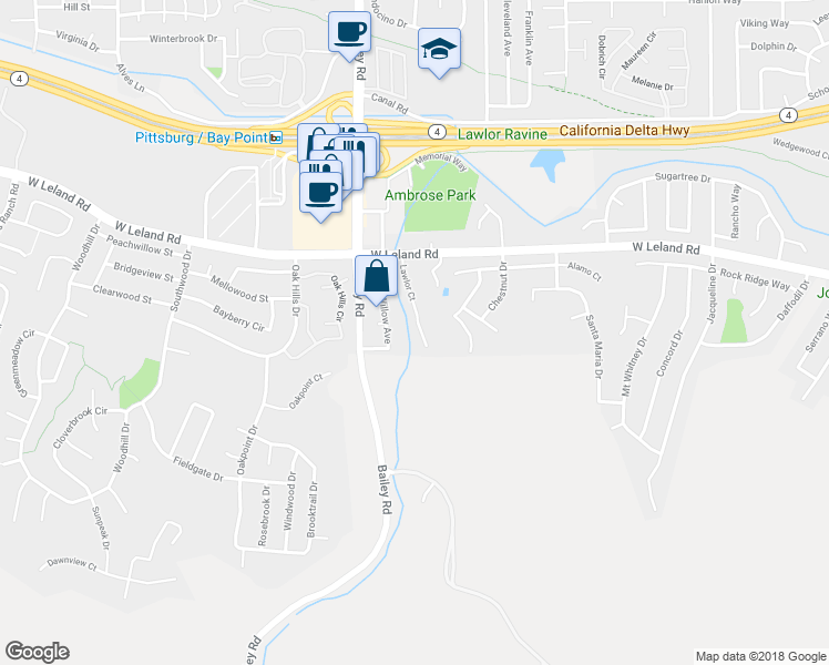 map of restaurants, bars, coffee shops, grocery stores, and more near 175 Lawlor Court in Bay Point